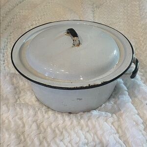 Vintage White Enamel Pot with Lid very old